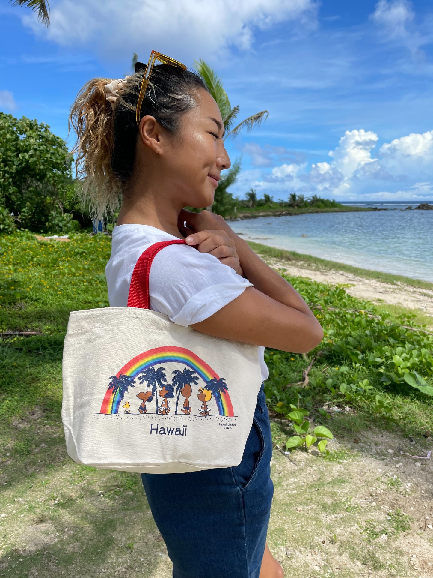 日焼けスヌーピーキャンバス レインボー柄 ミニトートバック 赤